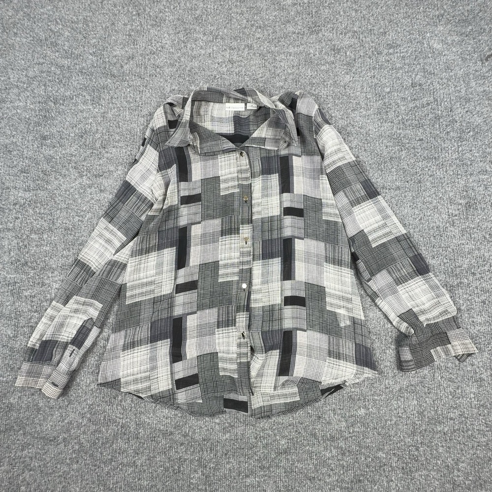 Liz Claiborne Shirt Womens Medium Gray Plaid Button Front Long Sleeve Casual Top
